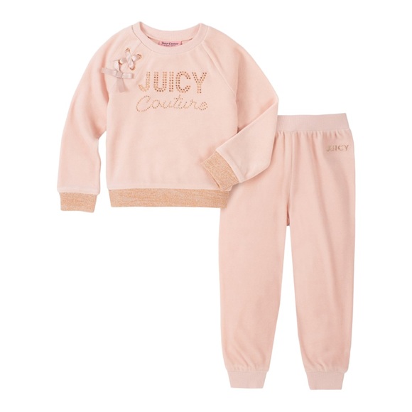 Juicy Couture Other - Juicy Couture Pink Velour Ribbon & Rhinestone Signature Sweatsuit Girls Size 4